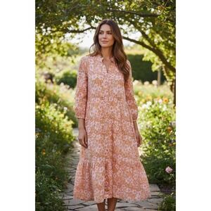 Madison Mathews Maxi Dress Womens Large Orange Pink Floral Cotton Tiered L